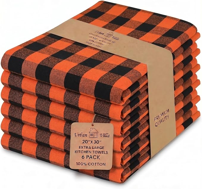 Urban Villa Halloween Kitchen Towels Set of 6 Dish Towels Size 20''x30'' Buffalo Checks Orange/Black 100% Cotton Highly Absorbent Quick Drying Dish Cloths & Dish Towels with Hanging Loop Tea Towels