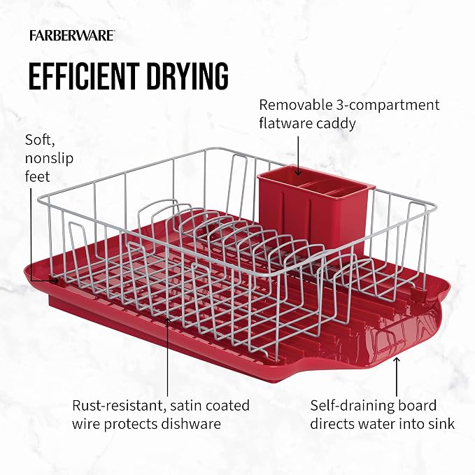 Farberware Classic Large Rust Resistant Full Dishrack with Removable 3 Compartment Flatware Caddy, Andlged Drain Board, 3-Piece, Red