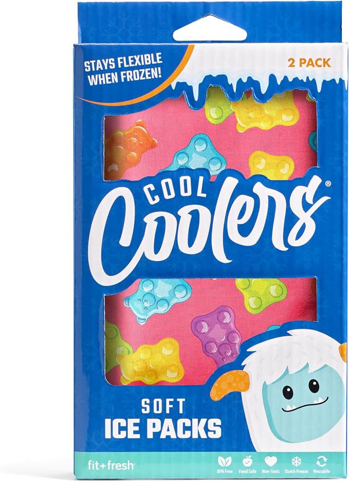 Fit & Fresh Cool Coolers 2 Pack Soft Ice for Lunch Bags, Flexible Stretch Nylon, Durable, Reusable Lunch Box Ice Packs, Soft Ice, Reusable Freezer Packs, Lunch Ice, Easy to Clean, Gummy Bears