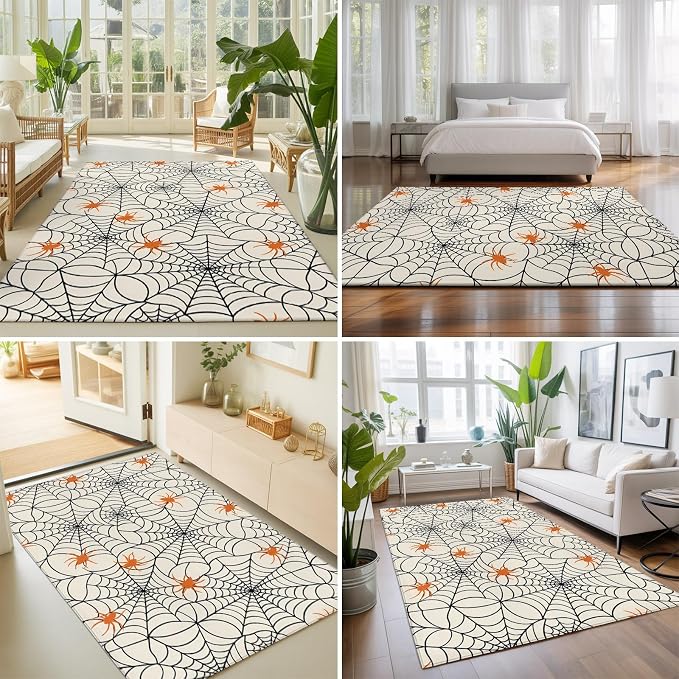 Large Area Rug 5'x7', Halloween Washable Rectangular Area Rugs for Living Room Bedroom Office, Orange Black Net Classic Spiders Gingham Non Slip Kitchen Rug Mats Indoor Floor Accent Throw Carpet