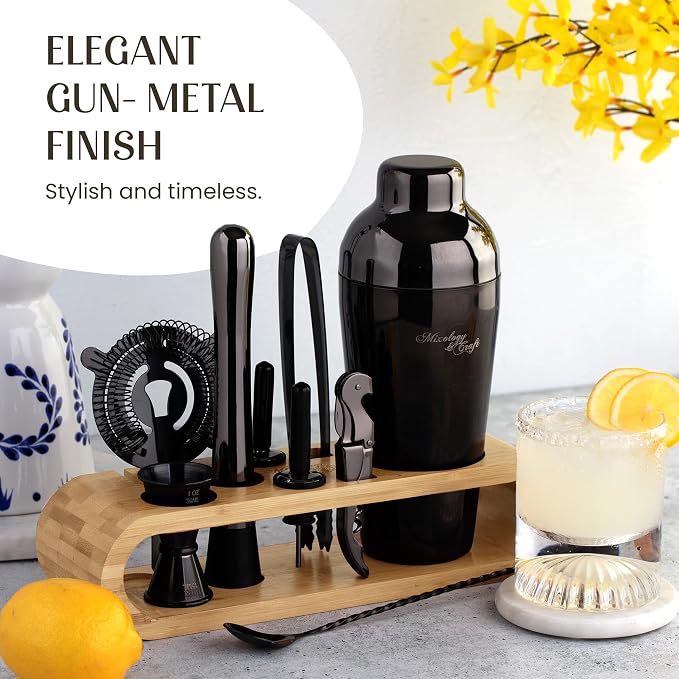 Mixology & Craft Cocktail Shaker Set with Bamboo Stand - Professional 10-Piece Bartender Kit, Complete Bar Set for Home Use with Jigger, Muddler, Strainer, Spoon, Pourers & Corkscrew (Gunmetal)