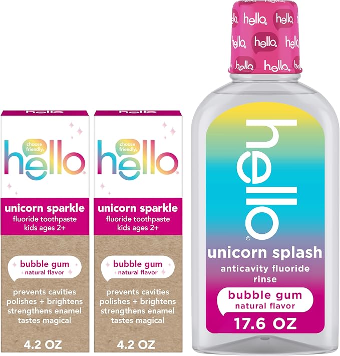 Hello Unicorn Sparkle Kids Toothpaste with Fluoride and Unicorn Splash Kids Mouthwash with Fluoride Bundle Pack, No Alcohol Formula, Natural Flavor Bubblegum Mouthwash and Toothpaste | Natural Bubble Gum Flavor, For Kids Ages 2 and Up, Two 4.2 oz Fluor...