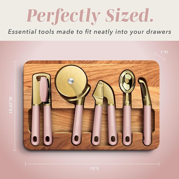 COOK WITH COLOR 6-Piece Kitchen Tool Set with Acacia Wood Cutting Board, Can Opener, Pizza Cutter, Garlic Press, Scoop & Peeler, Pink
