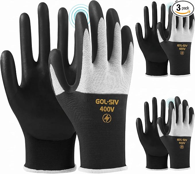 3 Pairs Insulated Electrical Gloves 400V, Touch Screen Low Voltage Electrician Work Gloves, Rubber Non-Slip Grip for Wire Working & Maintenance, Black, XL