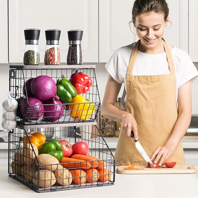 Mefirt Fruit Basket, Stackable Wall Mounted Fruit Baskets, Potato Baskets Onion Storage for Kitchen, Hanging Wire Basket with Wood Lid, 2-Tier Vegetable Organizer Kitchen Countertop Organization