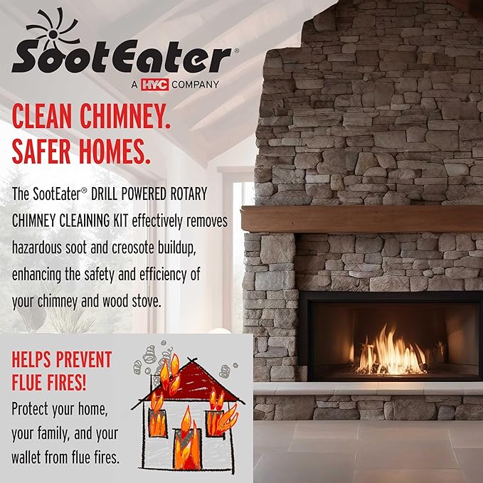 SootEater Rotary Chimney Cleaning System - Gardus RCH205-B Chimney Sweep Kit, Cleans Open Chimneys up to 18' with 6 Flexible 3' Rods, Chimney Cleaning Kit with Trim-to-Fit Spinning Chimney Whip