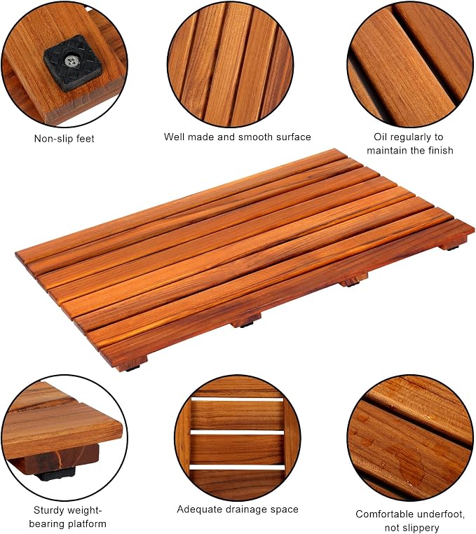 VaeFae Teak Shower Mat, Non-Slip Bath Mat, Luxury Spa Mat, Wooden Mat for Bathtub (Large)