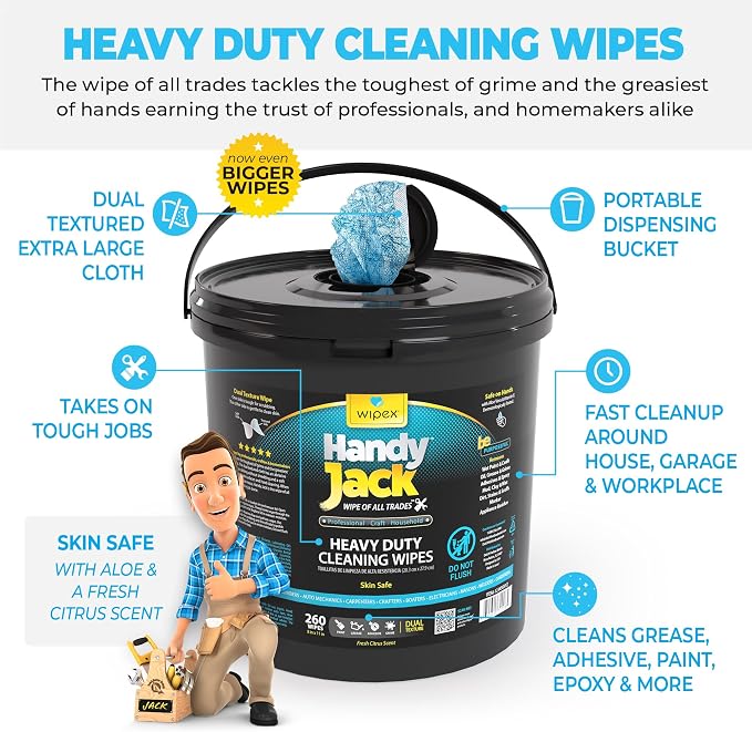 Wipex Handy Jack Heavy Duty Wipes, Dual Texture Cleaning Cloth, Use on Hands, Equipment, Tools - Removes Paint, Adhesives, Oil, Grease, & Dirt, Bulk Size, 260 Count (Pack of 1)