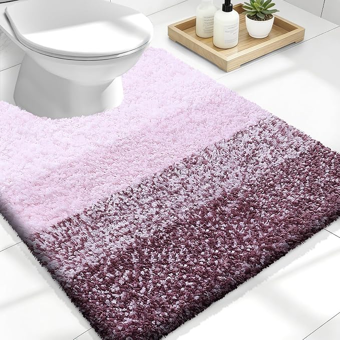 OLANLY Luxury Toilet Rugs U-Shaped 24x20, Extra Soft and Absorbent Microfiber Bathroom Rugs, Non-Slip Plush Shaggy Bath Mat, Machine Wash Dry, Contour Bathroom Mats for Toilet Base, Mauve