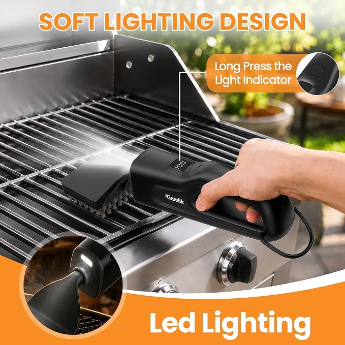 Electric Grill Brush with LED Light, Grill Cleaner for Outdoor Grill（Black） | Reciprocating Cleaning Action, Hot Grill Cleaning, Brushless Motor, 3-5H Runtime, LED Light, Ergonomic Handle, 4 Heads Kit