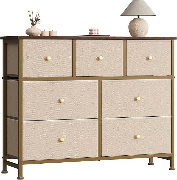 Sweetcrispy 7 Drawer Dresser with Fabric Bins, Fabric Storage Tower Organizer for Bedroom, Closet, Hallway, Entryway, Tall Chest of Drawers with Steel Frame, Wood Top, Large Storage, Khaki