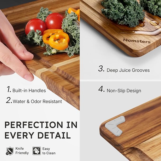 2 Pack Teak Wood Cutting Board Set Non Slip Over Sink Charcuterie Board Serving Heavy Duty Non Toxic Wooden Chopping Board Thick Haus Easy-Grip Handles, Knife-Friendly Best Kitchen Essential Gift