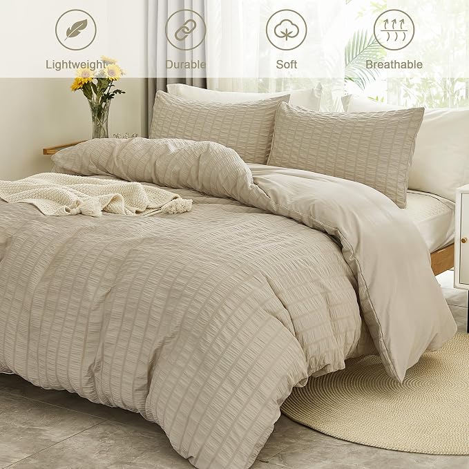 AveLom Beige Seersucker Duvet Cover Set Full Size (80 x 90 inches), 3 Pieces (1 Duvet Cover + 2 Pillow Cases), Ultra Soft Washed Microfiber, Textured Duvet Cover with Zipper Closure, Corner Ties