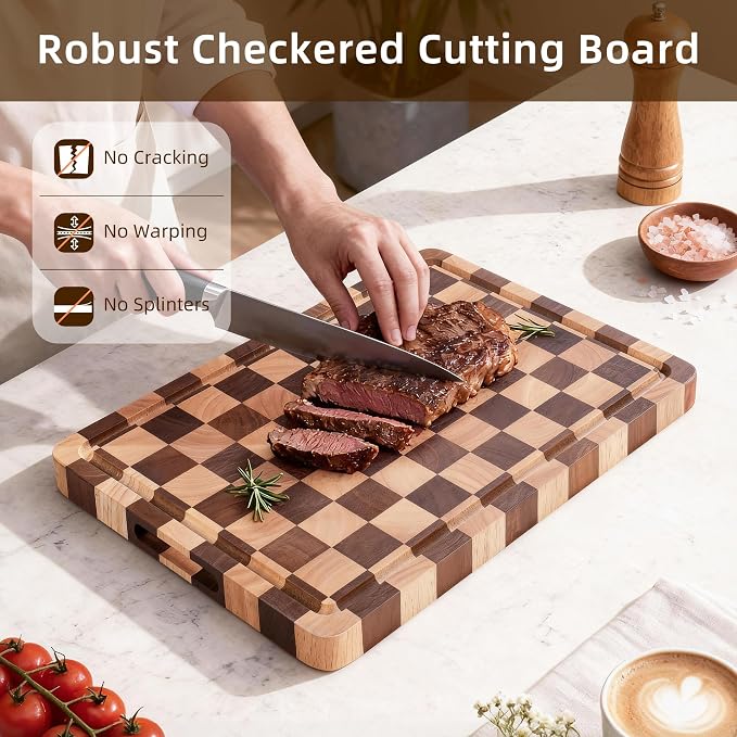 Checkered Cutting Board for Kitchen - Wood Thick Checkerboard End Grain Chopping Board with Handle & Juice Groove, Double Sided for Cooking, Serving and Decor, Rectangular 16" x 12" x 1"