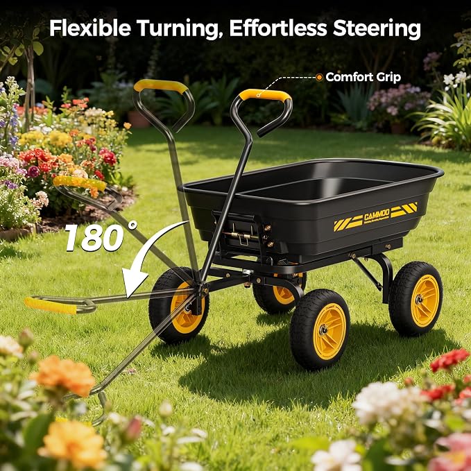 CAMMOO 10-in NO-Flat Tires 600lb Garden Dump Cart 4 Cu.Ft. Wheelbarrow | Garden Wagon Quick-Release Dumping Garden Cart Virgin Polypropylene - Not Recycled Material for Landscaping Gardening