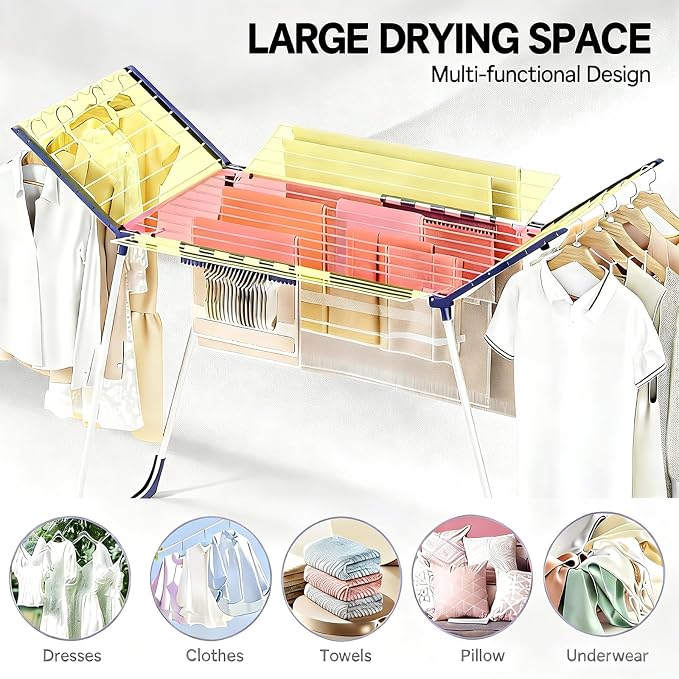 APEXCHASER Clothes Drying Rack Foldable - Drying Rack Clothing Large Space, Winged Laundry Rack with Sock Clips for Hanging Towels Clothes Dress Bedding Indoor Outdoor, White