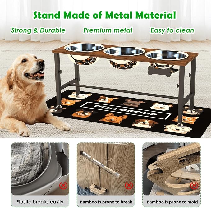 SHAINFUN Adjustable Height Elevated Dog Bowl Stand for Large & Extra Large Dogs – Wooden Raised Dog Bowls with Three 101oz Stainless Steel Bowls & Mat, Stainless Steel Food & Water Station