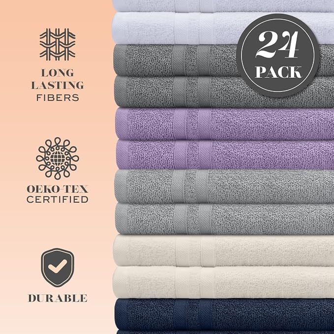 White Classic Wealuxe Multi Washcloths 24 Pack - 600 GSM 100% Ring-Spun Cotton Wash Cloths for Showering, Highly Absorbent and Soft | 12x12 Inches