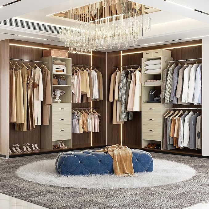 Besiost 96'' Closet Organizer System with 3 Hanging Rods, 8FT Closet Organizers and Storage with 3 Wooden Drawers, Built in Closet Organizer Systems, Adjustable Walk-in Wardrobe from 2-8FT, Light Oak
