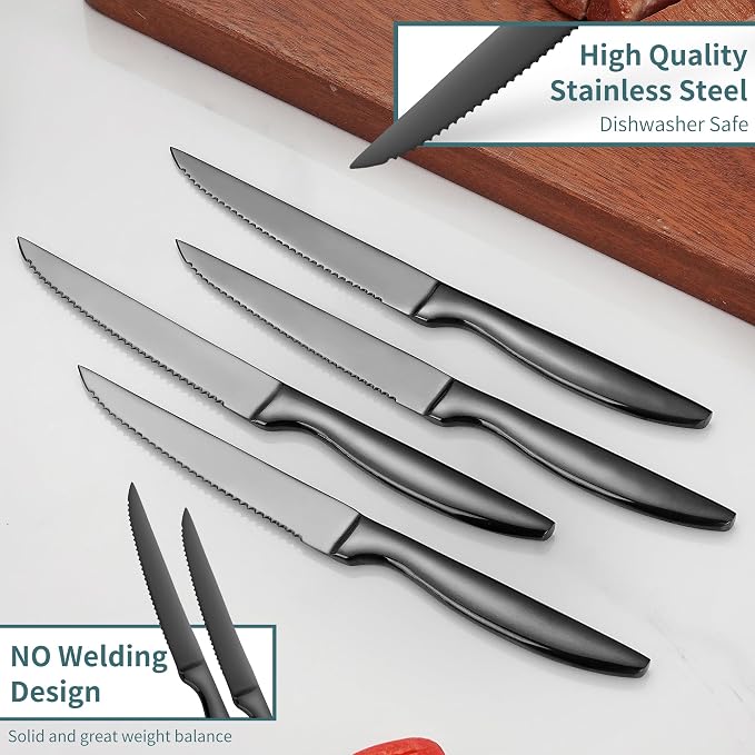 SuperCook Black Steak Knives Set of 8, Steak Knives Dishwasher Safe, Knife Set Steak Knife Set, Stainless Steel Knives, Serrated