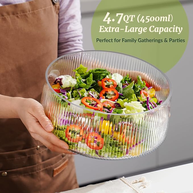 NiHome Glass Salad Bowl Set, Large Serving Bowl with Wood Utensils | Acacia Wood, Separate-Piece Ribbed Design for Easy Dishwasher Cleaning, Versatile for Pasta, wine & Snacks at Gatherings