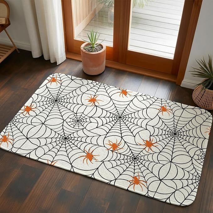 Halloween Bathroom Rugs Non Slip Washable Bath Mat Absorbent Low Pile Front Door Mat Black Net Classic Spiders Gingham Orange Indoor Doormat for Kitchen Entryway Shower Decor Accessories 19.7"x31.5"