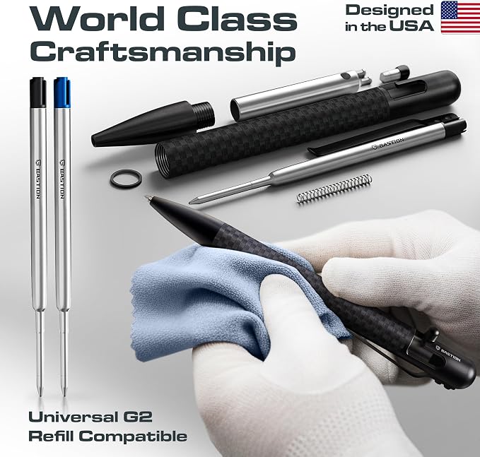 BASTION Bolt Action Pen, Carbon Fiber Jet Black, HyperBolt EDC Pen, Refillable Lightweight Writing Pen, Premium Graduation Gift, Executive Pocket Pen