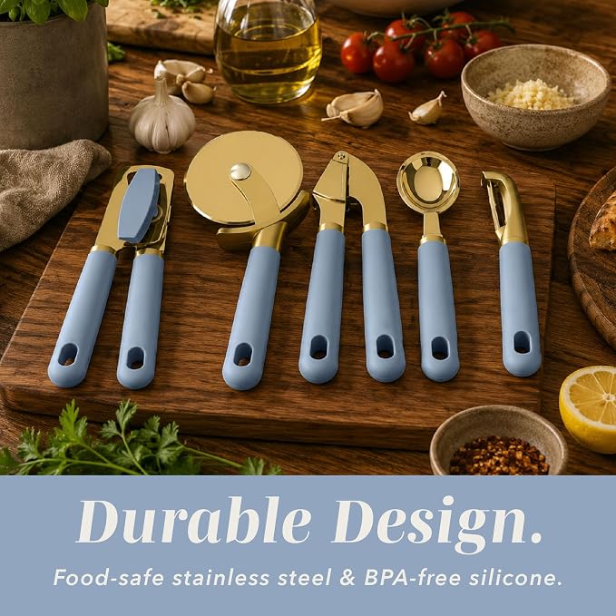 COOK WITH COLOR 6-Piece Kitchen Tool Set with Acacia Wood Cutting Board, Can Opener, Pizza Cutter & Prep Essentials, Blue