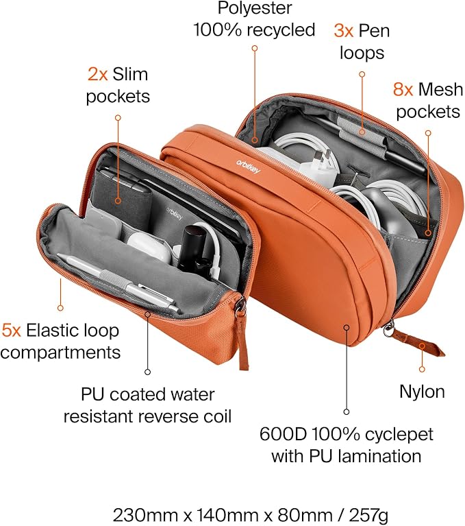 Orbitkey 2-in-1 Tech Accessory Pouch with Detachable Slim Sleeve – Travel Electronics Organizer for Cables, Chargers, Earbuds, Power Bank – Compact Gadget Bag & Portable Tech Storage Case (Terracotta)