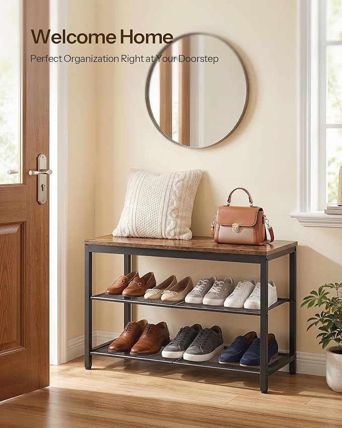 HOOBRO Shoe Bench, 3-Tier Shoe Rack, Industrial Shoe Organizer Storage Bench, 29.5 inches Entry Bench with Mesh Shelves, for Entryway, Living Room, Hallway, Easy Assembly, Rustic Brown BF75HX01