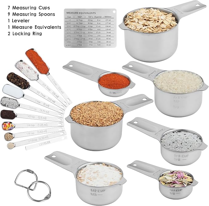 Measuring Cups and Spoons Set, Stainless Steel Measuring Cups Set, Dry 7 Measurer Cups 9 Measurement Spoons with Leveler & Measure Enquivalents for Kitchen & Baking Nesting Measuring Tools