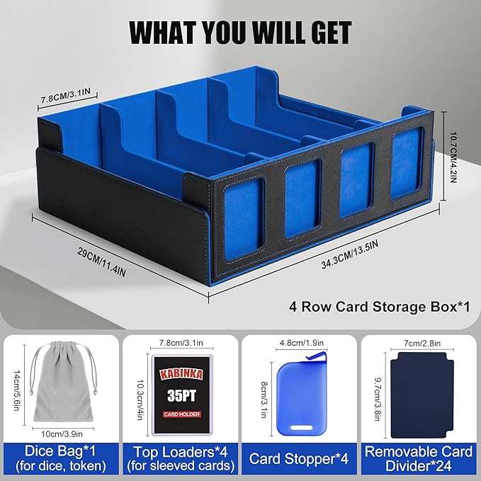 Trading Card Storage Box with Commander Display , 4-Row Deck Case with Removable Lid; 2400+ Card Deck Box for MTG TCG Sports Card, 4 Top Loaders, 4 Stoppers, 24 Dividers,1 Dice Bag (Black Blue)