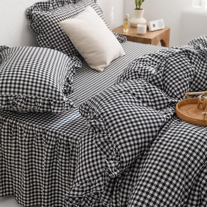 mixinni Black White Gingham Ruffle Duvet Cover King Size 3 Pieces – 100% Washed Cotton, Vintage Plaid Ruffled Bedding Set with Zipper Ties, Soft Checkered Grid Farmhouse Chic Comforter Cover Set