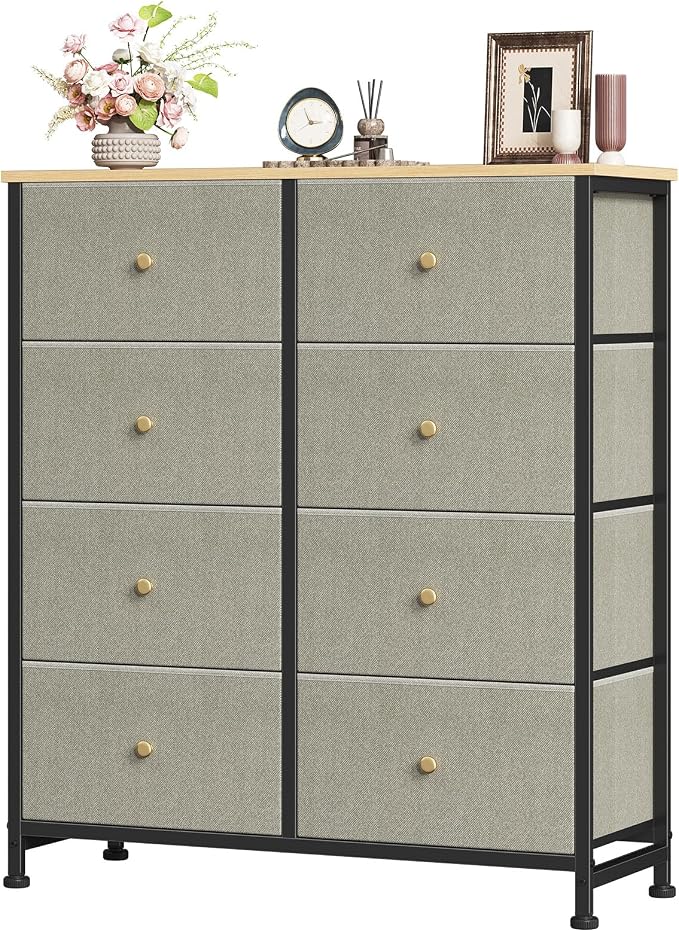 Sweetcrispy 8 Drawer Dresser for Bedroom Tall, Organizer Storage Drawers | Fabric Storage Tower, Chest of Drawers with Steel Frame, Wood Top for Living Room, Closet, Dark Green