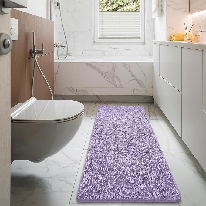 LOCHAS Luxury Bathroom Rug Shaggy Bath Mat 24 x 60 Inch, Light Purple | Washable Non Slip Bath Rugs for Bathroom Shower, Soft Plush Chenille Absorbent Carpets