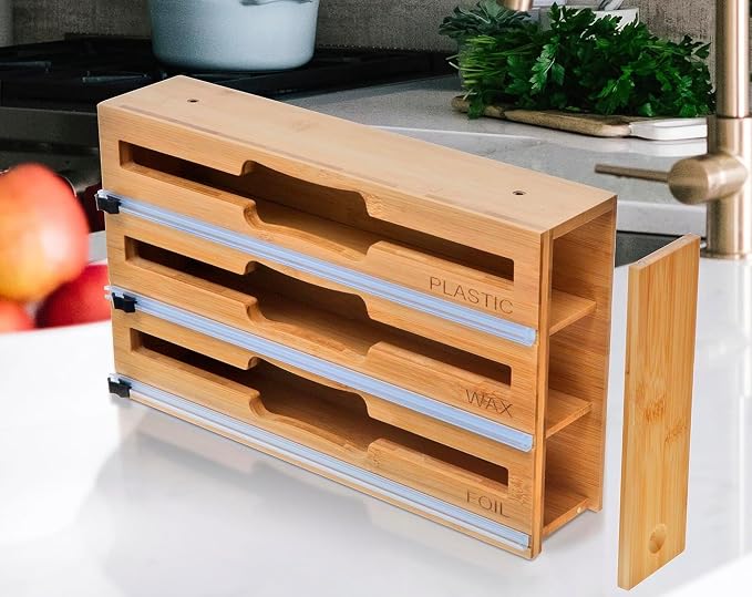 Foil and Plastic Wrap Organizer for Kitchen Drawer — 3 in 1 Bamboo Holder for Aluminum Foil, Cling Wrap and Wax Paper with Labels and Slide Cutter, Fits 12" Rolls, Kitchen Storage Organization