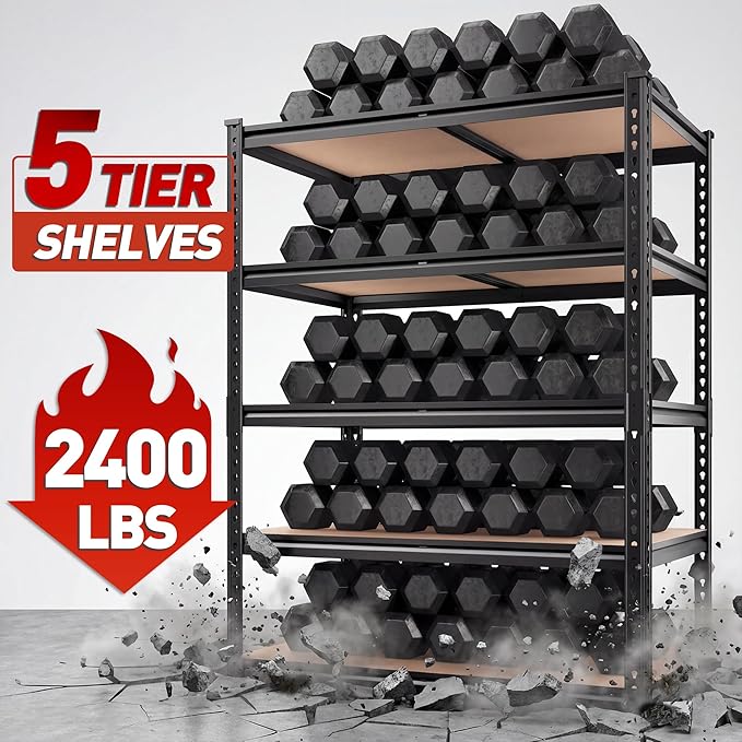 REIBII 4 Pack Storage Shelves,5 Tier Heavy Duty Metal Garage Shelving | 5 Tier Freestanding Metal Shelving,2400 LBS Per Unit,72"H x 36"W x 16"D Each,Adjustable for Warehouses,Stockrooms & Retail
