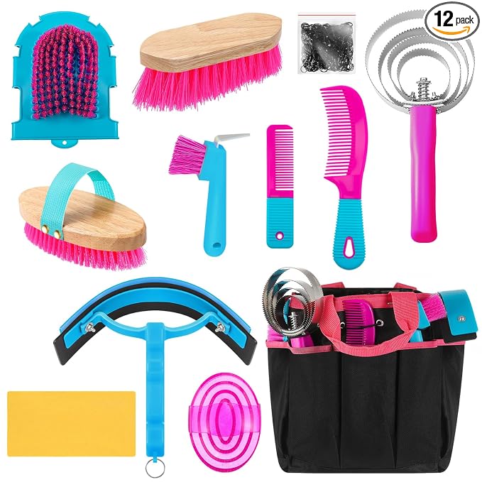 Abbylike 12 Piece Horse Grooming Kit with Organizer Tote Bag Brush Sets for Derby Day Show Horses Professional Tools for Care & Massage(Rose Red)