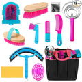 Abbylike 12 Piece Horse Grooming Kit with Organizer Tote Bag Brush Sets for Derby Day Show Horses Professional Tools for Care & Massage(Rose Red)