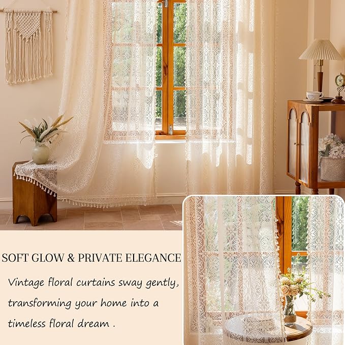 Sutuo Home Boho Lace Curtains 96 inches long for Living Room Dining Room,Semi Sheer Curtains Cottagecore Farmhouse Privacy Crochet Vintage Chic Tassels Victorian Flower Rod Pocket,2 Panels 50" W Beige