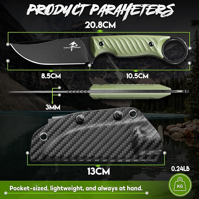Purple Dragon Fixed Blade Knife with Kydex Sheath -Survival Knife Green | Forged from a Single Piece of D2 Steel, Full Tang G10 Handle, Gift Box, for Outoor Camping