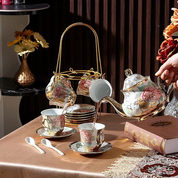 Zhehao 20 Pcs Porcelain Tea Set with Metal Holder and Spoon Adult Ceramic Tea Set European Flower Painting Teapot Cup Saucer Spoon for Women Mom Gift, Large Version (Bright Style)