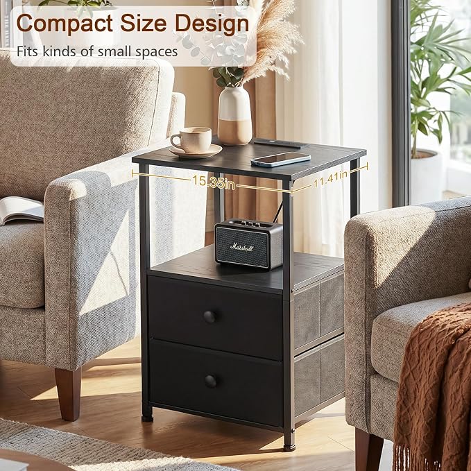Night Stand, Nightstands Set of 2 with Charging Station | Bedside Table with 2 Fabric Drawers for Bedroom, End Tables with Storage Shelf for Small Spaces, Black