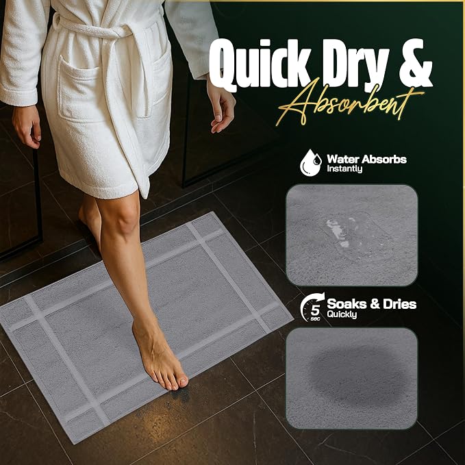 Pearl Linens 100% Ring Spun Cotton Bath Mat (Pack of 2) 18 x 25 Inch, Washable, Soft & Absorbent Terry Bathroom Floor Mat – Not Bathroom Rugs – Quick-Dry After Shower Bath Mat, 781 GSM, Light Grey