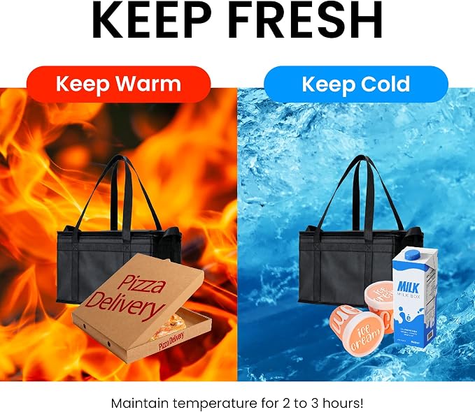 NZ home Insulated Food Bag, Portable Cooler Tote (Large, Black, 2 Pack) | Thermal bag, For cold and hot food, Soft sided cooler, Heavy duty 6-layered tote, Grocery shopping, Beach or travel bag