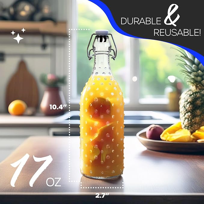 Nevlers 17 Oz Dotted Swing Top Glass Bottles with Airtight Lid | 12 Pack Flip Top Glass Bottle with Lids, Shrink Wrap, Funnel, Brush, Tags & Marker | Fermentation or Kombucha Bottles with Stoppers
