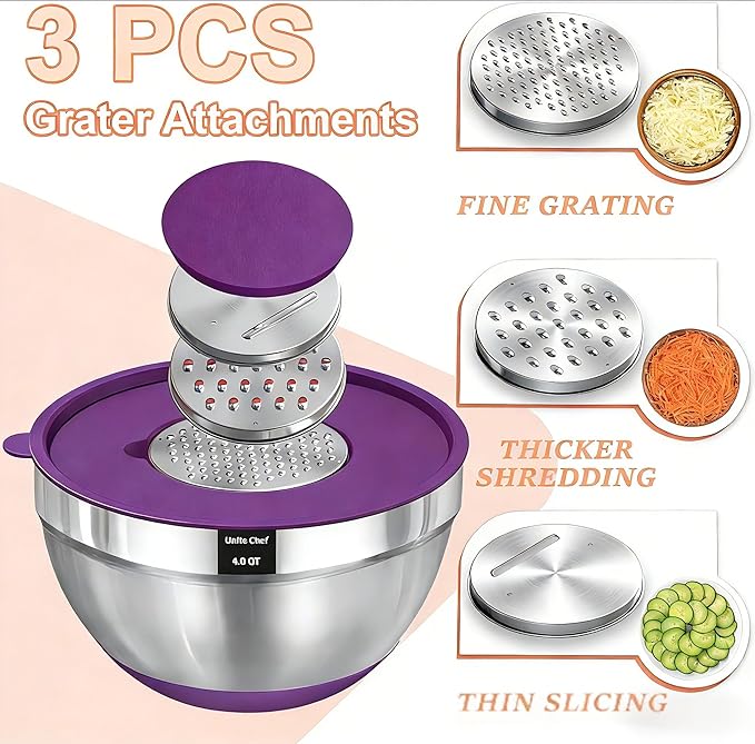 Umite Chef Thickened Heavy-Duty 26pcs Stainless Steel Bowl, Mixing Bowl Set with Lid, Grater Attachment, Colorful Non-Slip Bottom and Kitchen Gadget Set, Sizes 7, 4, 2.5, 2.0, 1.5, 1QT