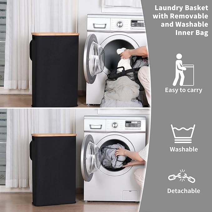 IEGrow Laundry Hamper with Lid,65L Laundry Basket with Mesh Bags,Black | Dirty Clothes Hamper Basket with Bamboo Handle for Clothes Towels