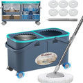 2026 Upgraded Gen 2 Spin Mop and Bucket Set with 4 Swivel Wheels for Easy Rolling, Separates Clean & Dirty Water, Floor Mop with 6 Washable Mop Heads for Wood, Tile, Vinyl, Baseboards - Grey/Blue