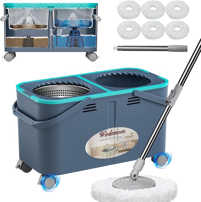 2026 Upgraded Gen 2 Spin Mop and Bucket Set with 4 Swivel Wheels for Easy Rolling, Separates Clean & Dirty Water, Floor Mop with 6 Washable Mop Heads for Wood, Tile, Vinyl, Baseboards - Grey/Blue